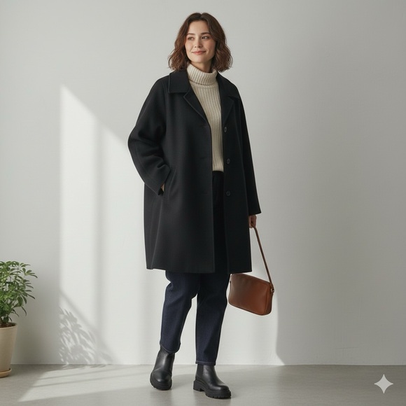 Vintage Jackets & Blazers - Vintage‎ Women's Wool Overcoat Oversized L Black Elegant Quiet Luxury Minimalist